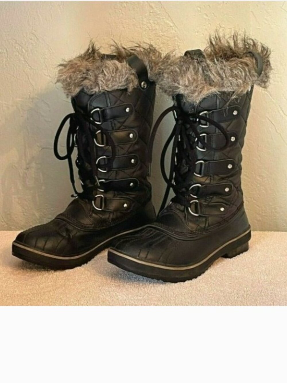 Sorel Boots 6 Tofino Black Gray Fur Lace Up Insulated Winter Snow Cold